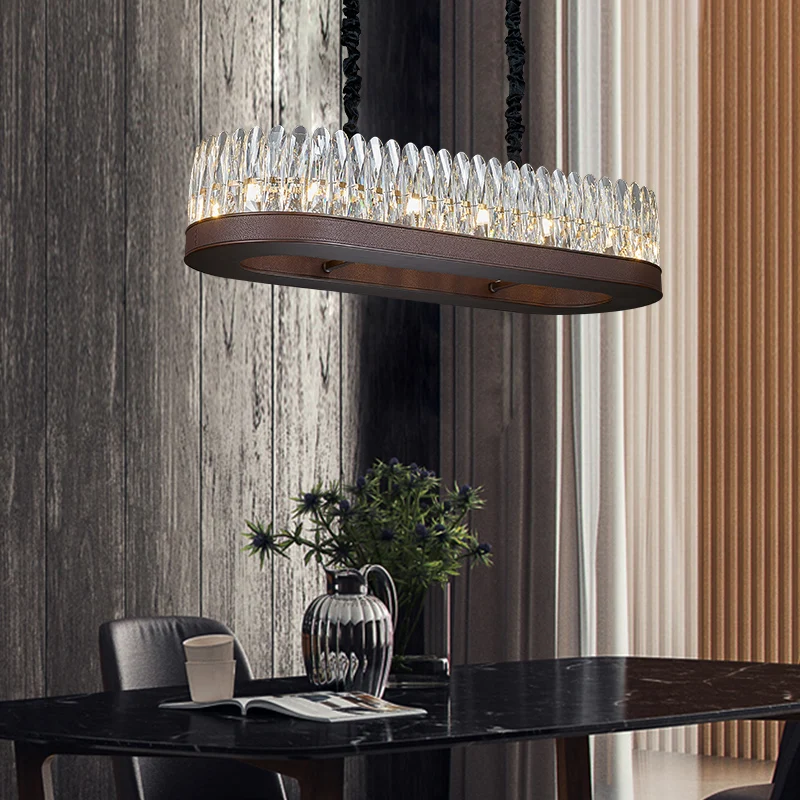

Modern Simple Chandelier Leather Luxury Living Room Bedroom Crystal Round Long Dining Room Hollowed Out Retro Lamps Hanging Lamp