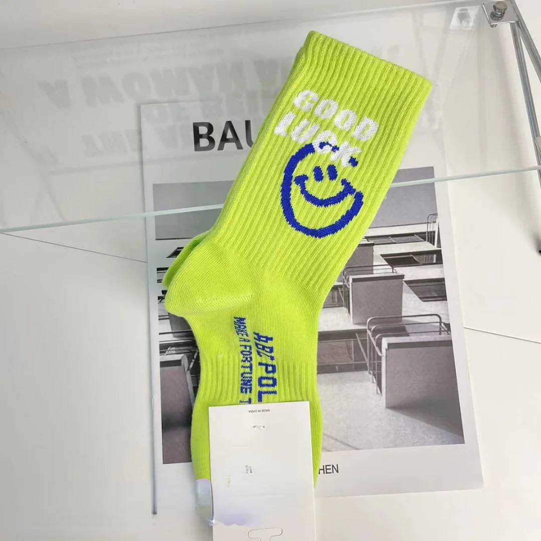 Smiley Three-dimensional Fluorescent Green Ins Tide Stockings Men's and Women's Colorful Versatile Cotton