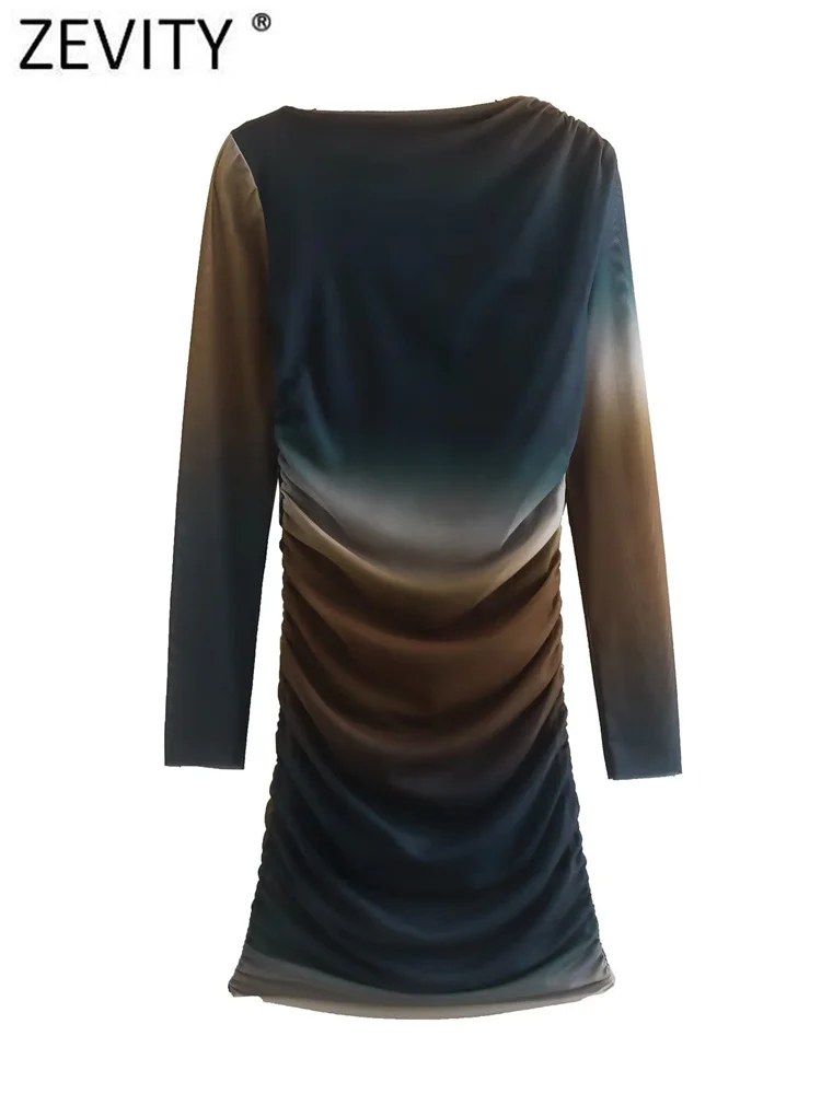

Zevity 2022 Women Vintage Slash Neck Gradual Color Pleats Design Mesh Mini Dress Female Chic Long Sleeve Party Vestidos DS3060