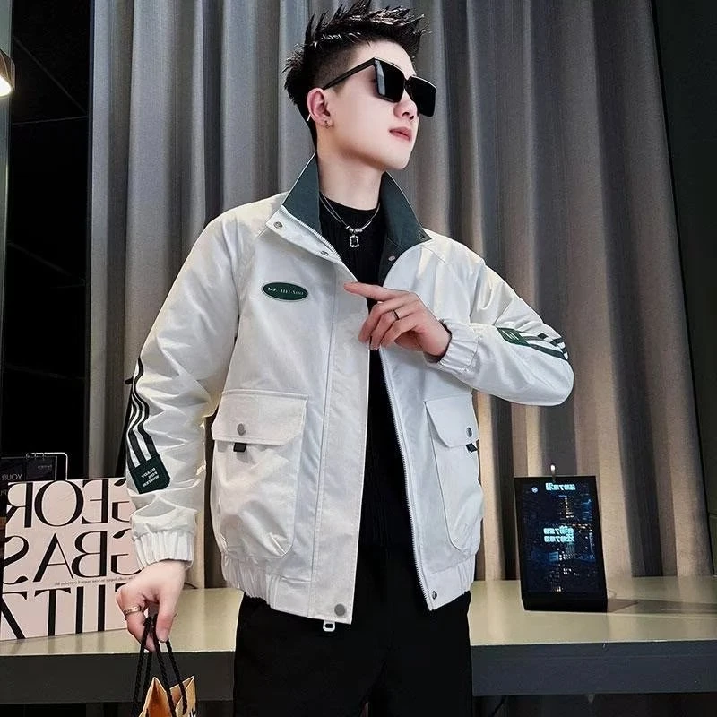 2024 New Autumn clothes Men's Stand Collar Jacket Korean Sle Trendy Handsome Stripe Top Youth All-Match Casual Outerwear