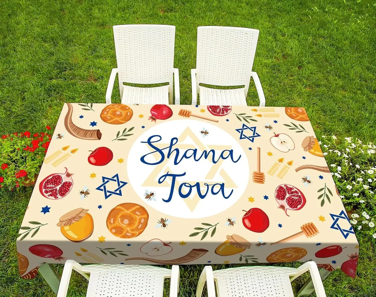 Фото Водонепроницаемые скатерти Shana Tova для еврейского Нового года, декор для вечеринки Рош Хашана, скатерти с медом и гранатом, украшения для кухонного стола №4