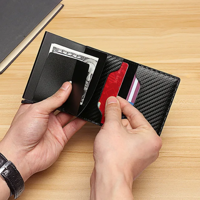 Credit Card Holder for Men and Women Automatic Metal Box Card Case Vintage PU Leather Carbon Fiber Rfid Card Holder Men Wallet 4