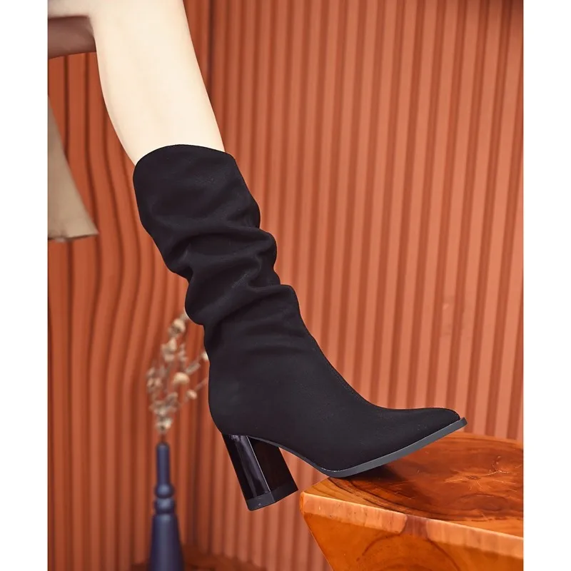 

Женские модные ботинки средней длины с острым носком, женские удобные сапоги без шнуровки на толстом каблуке, Осень-зима 2022
