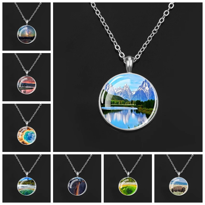

Yellowstone National Park Art Picture Glass Dome Necklace Silver Color Chain Handmade Pendant Travel Gift Photographer Gift