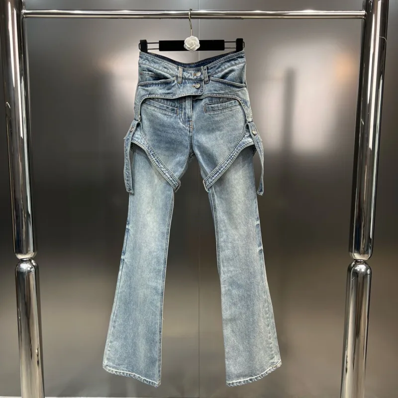 

BORVEMAYS Personality Autumn Jeans Fake Two Pieces Patchwork High Waist Fashion Trend Street Women Straight-leg Pants WZ3783