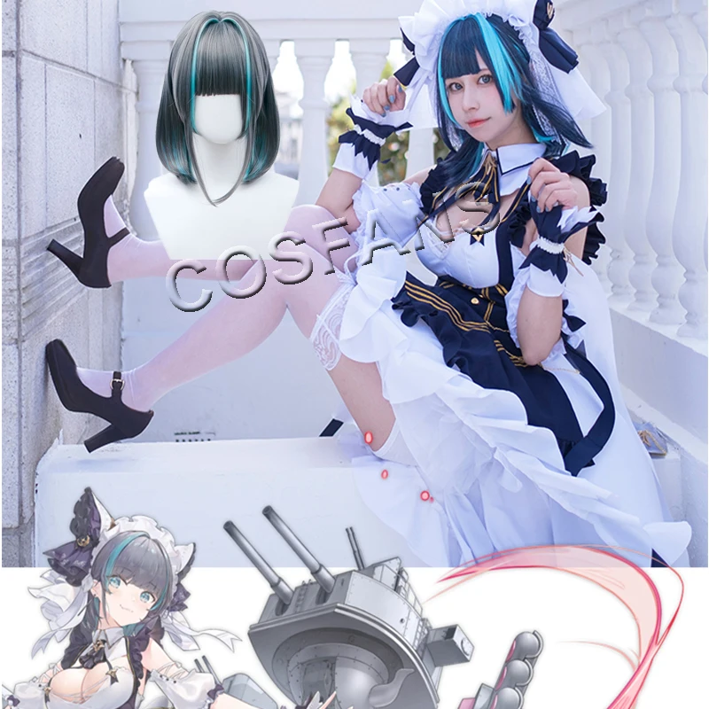 

Anime Azur Lane Cheshire Lolita Dress Maid Uniform Full Set Cosplay Costume Women men Halloween full set Wigs and Shoes
