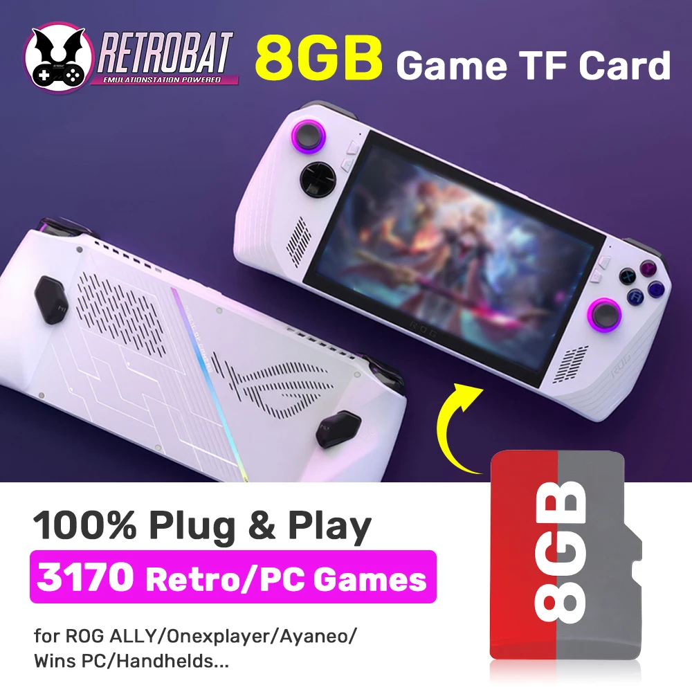 Фото Игровая TF-карта jмана 8 ГБ, последняя система Retrobat для ROG ALLY/Onexplayer/Ayaneo/Wins PC/Handhelds, 3170 встроенных ретро-игр и ПК №1