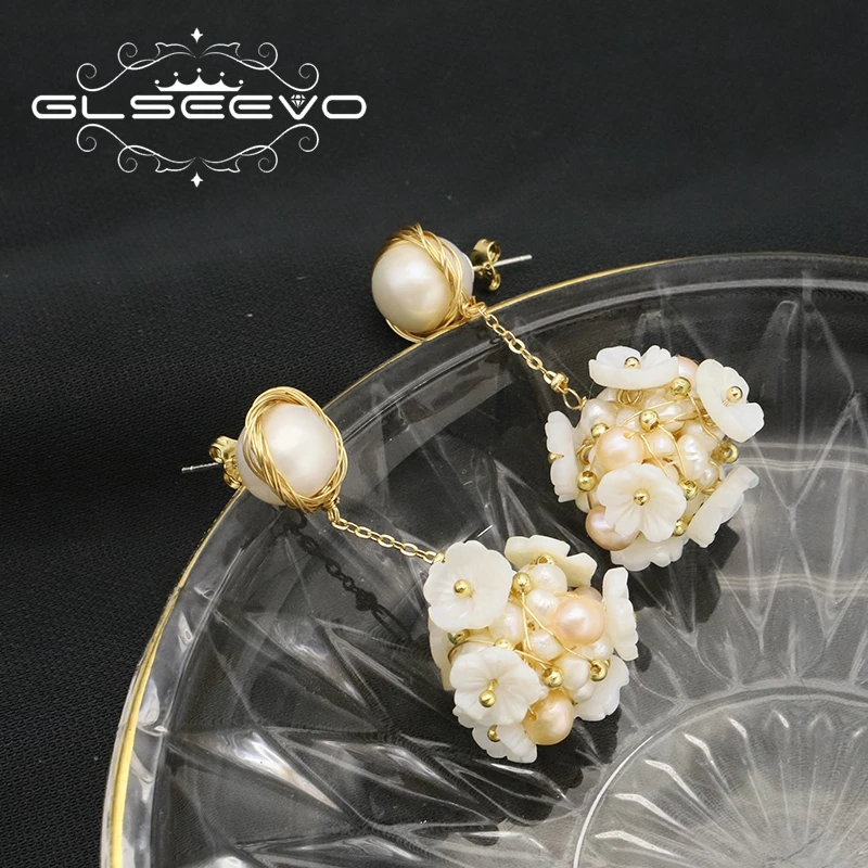 

GLSEEVO Natural Pearl Korean White Shell Flower Petal Drop Earrings Femme Accessoires Stylish Luxurious Design Wedding GE1164