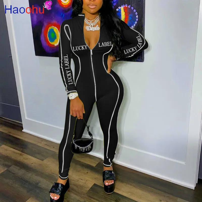 

HAOOHU Spring Turtleneck Bodycon Fitness Sportswear Long Sleeve Zipper Body Letter Lucky Label Print Rompers Womens Jumpsuit