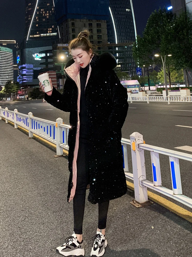 

Down Jacket Women's Mid-Length Winter New Sequined Casual Fashion White Duck down Thickened Popular Overknee Coat