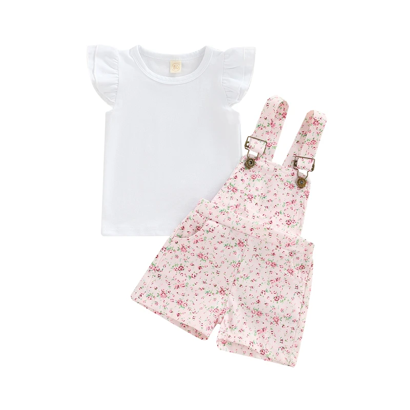 

Little Girls Suspender Pants Set Summer Fly Sleeve Plain O Neck T Shirt Floral Patterns Copper Buttons Short Pants Clothing Suit