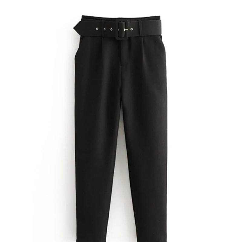 

Black suit pants woman high waist pants sashes pockets office pants fashion autumn middle aged women bottoms