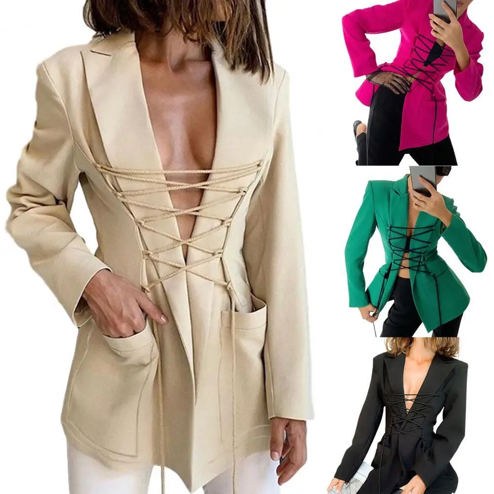

Женский офисный блейзер с карманами, однотонный бандажный пиджак с отложным воротником, уличная одежда для весны и осени