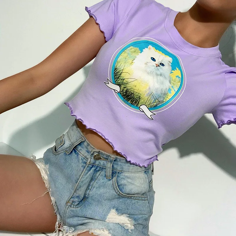 

2022 Spring Summer Women New Color Sweet And Playful Cat Print Slim Fit Corset Display Blouse