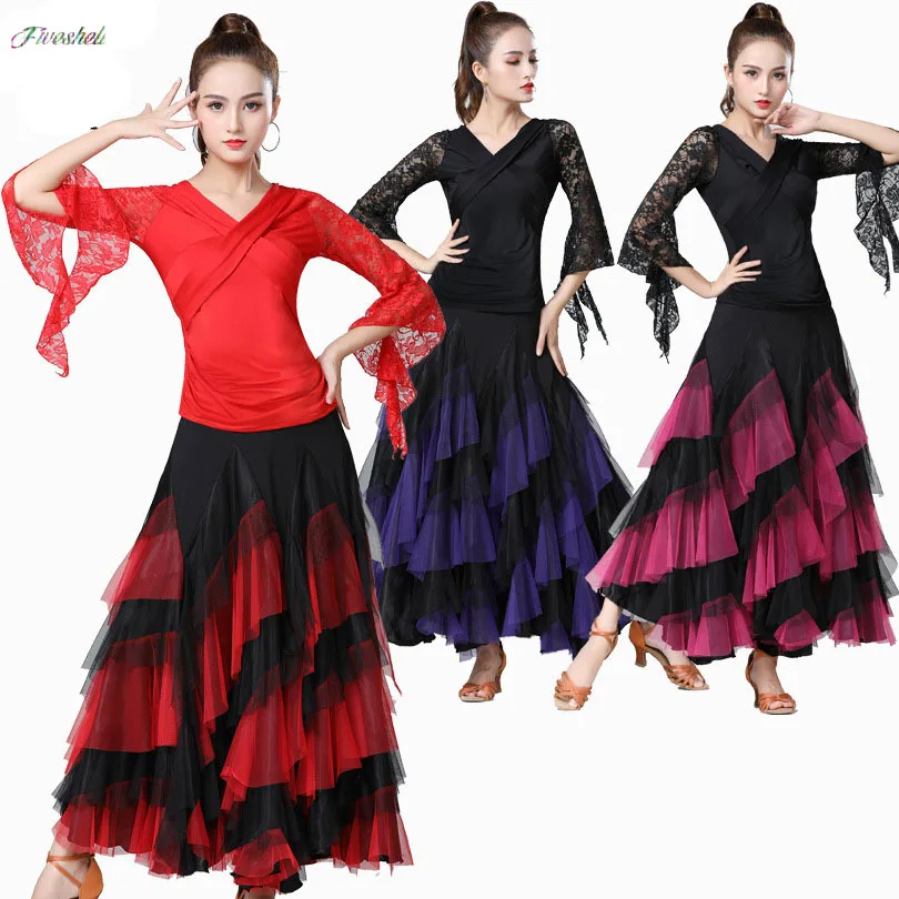 

Women's skirt Women Dancing Costume Flamenco Waltz Ballroom Dance Skirt Layered Big Swing Spanish Skirts