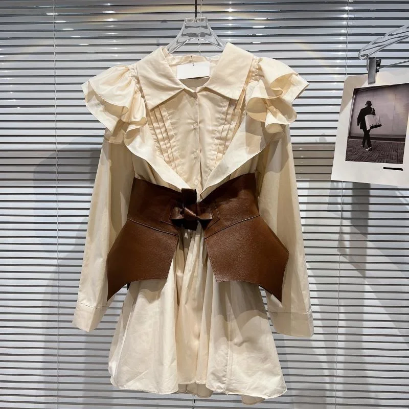 

Pleated Lace PU Leather Waist Belted Waist Closing Shirt Dress Beige Summer Spring Elegant Women Dresses