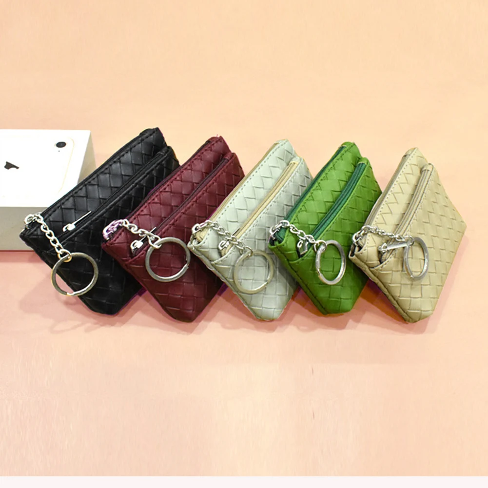 

Key Bag Coin Wallet Card Bag Earphone Organizer Handbag Coin Purse Change Purse Clutch Bag Simple Zipper Woven Leather Pattern