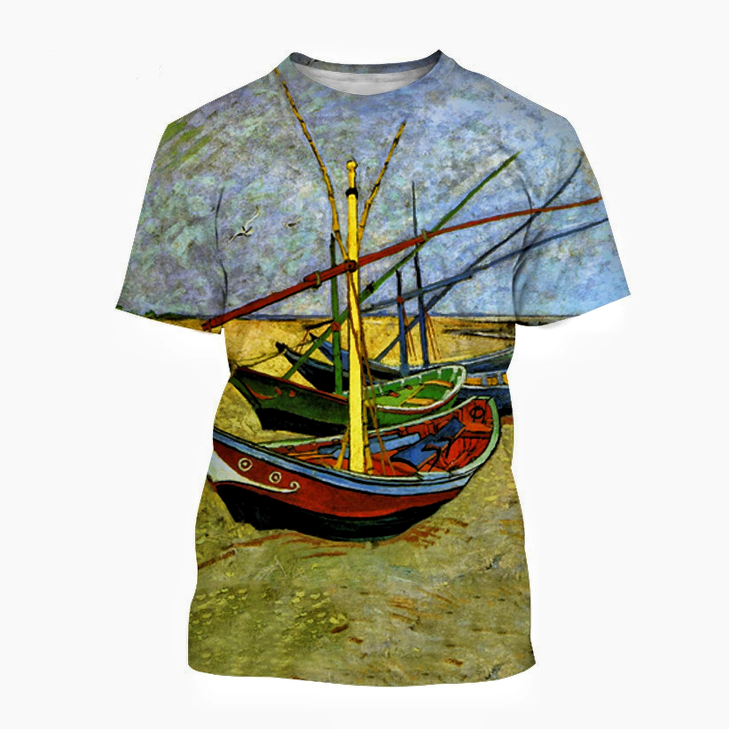 

2023 New Summer Men'S 3d Printed T-Shirt Van Gogh Painting Ship Graphic Fashion Loose Casual Personality Fun Plus Size Top