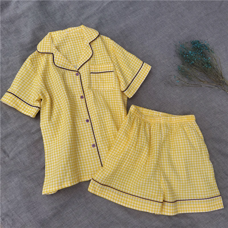 

2022 Summer New Fashion Korean Small Plaid Bubble Cotton Gauze Women Pajamas Long-sleeved Trousers Suit Boutique Clothing