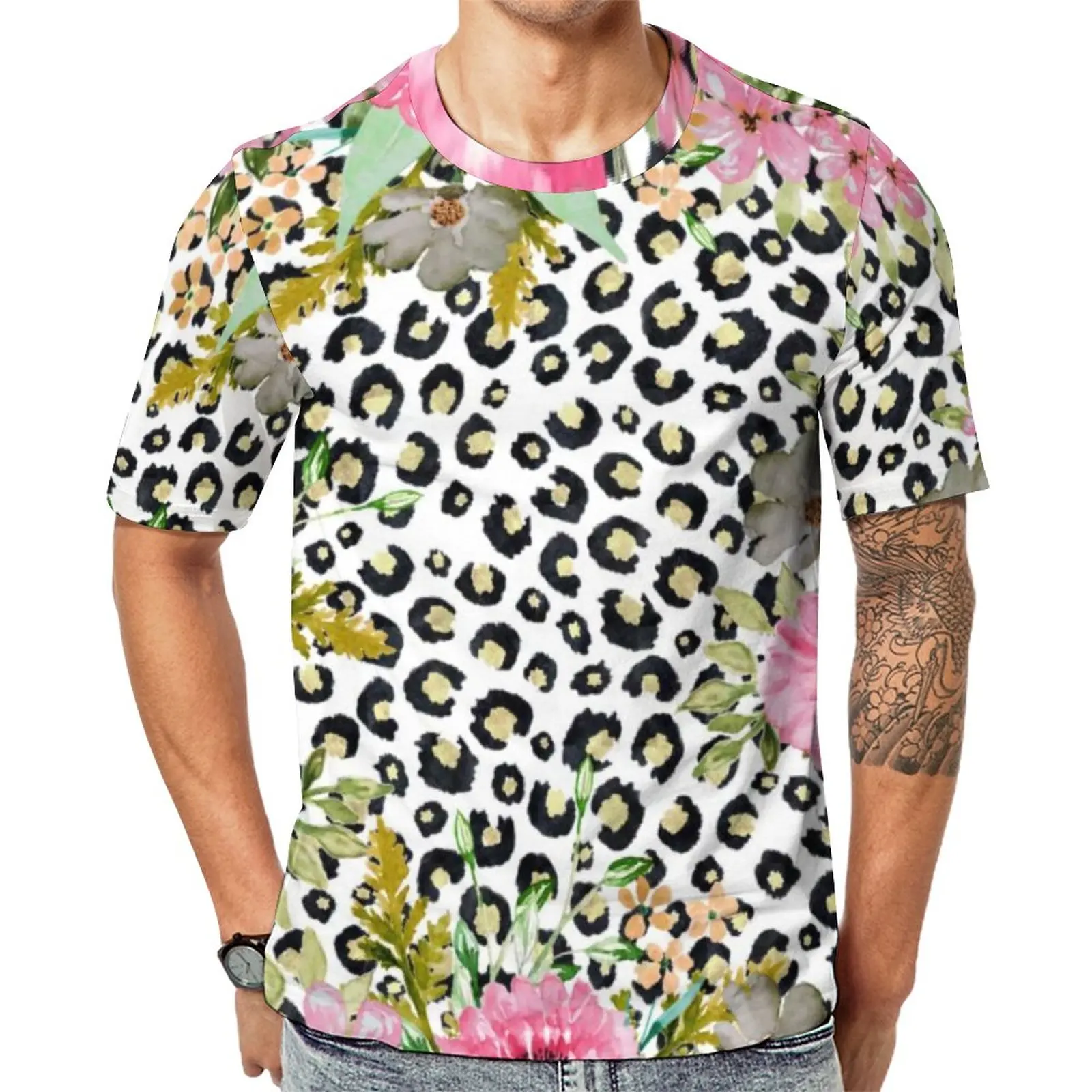 

Elegant Leopard Print T Shirt Male Pink Floral Design T Shirts Original Novelty Tee Shirt Short Sleeves Design Big Size Tops