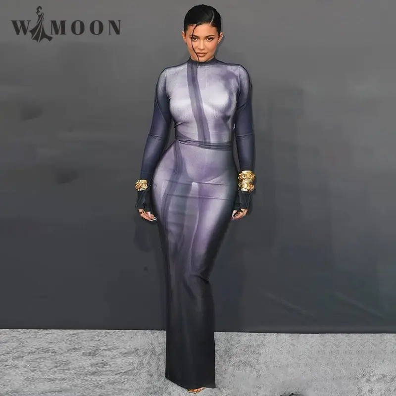 

Women Long Sleeve 3D Printed Spring Summer 2023 Party Club Bodycon Streetwear Crewneck Human Naked Body Slim Split Long Dress