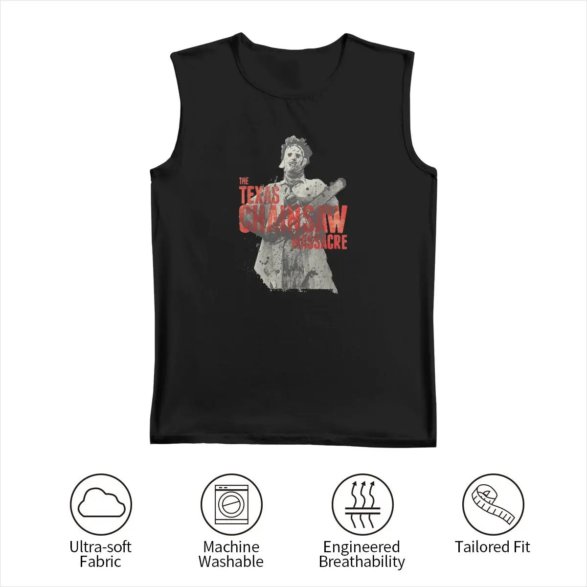 Майка с изображением техасской бензопилы и кожевенного лица |