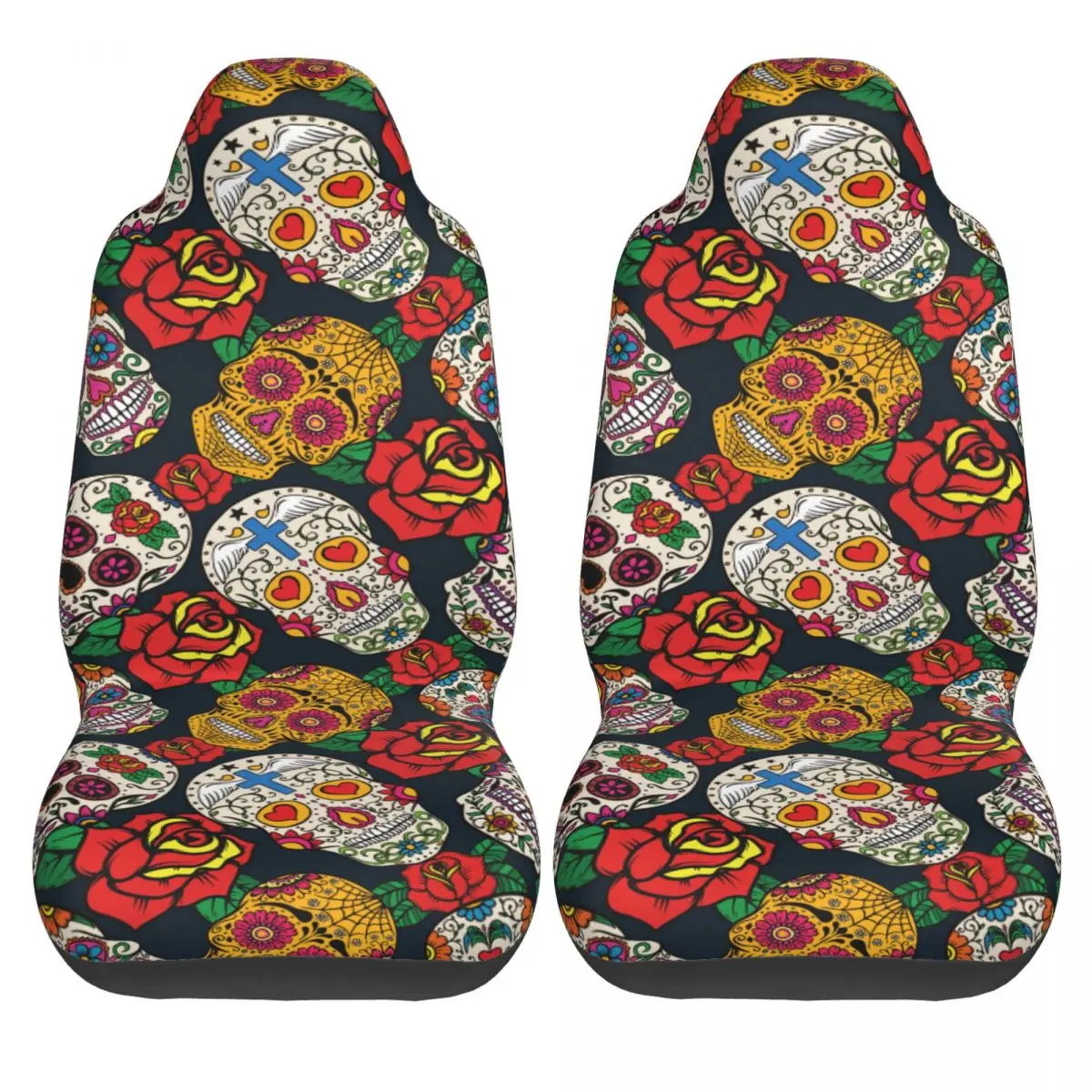 

2 pcs Car Seat Cover Mexican Sugar Skull With Rose Universal Wear Dirt-resistant Protector for Car Easy Cleaning