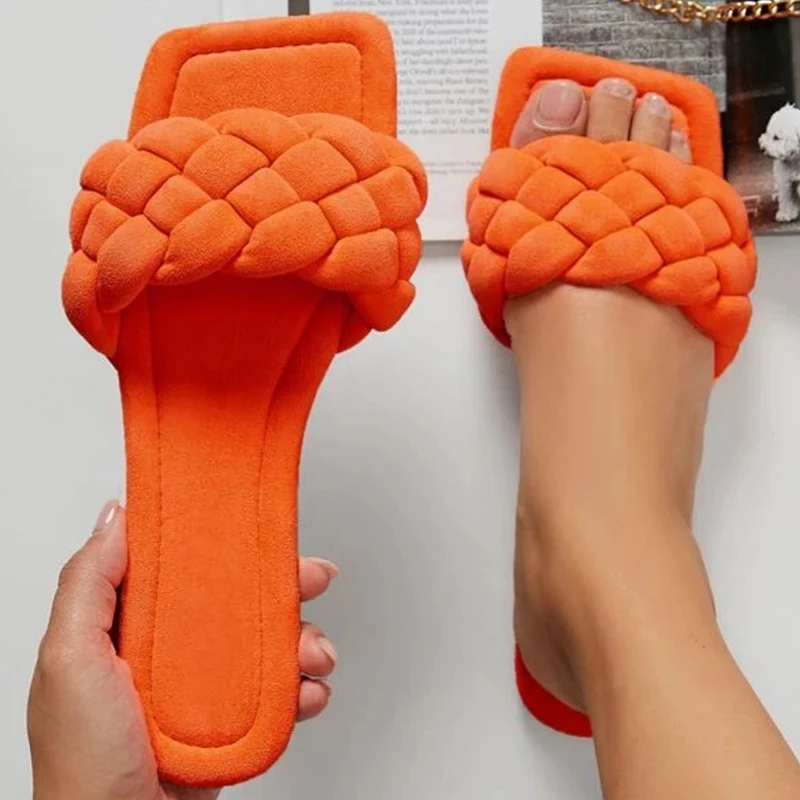 Women Flat Slide Braided Vamp Square Toe Slipper Sandals Personality Slippers 2023 Outdoor Summer Sexy Slides Ladies Shoes