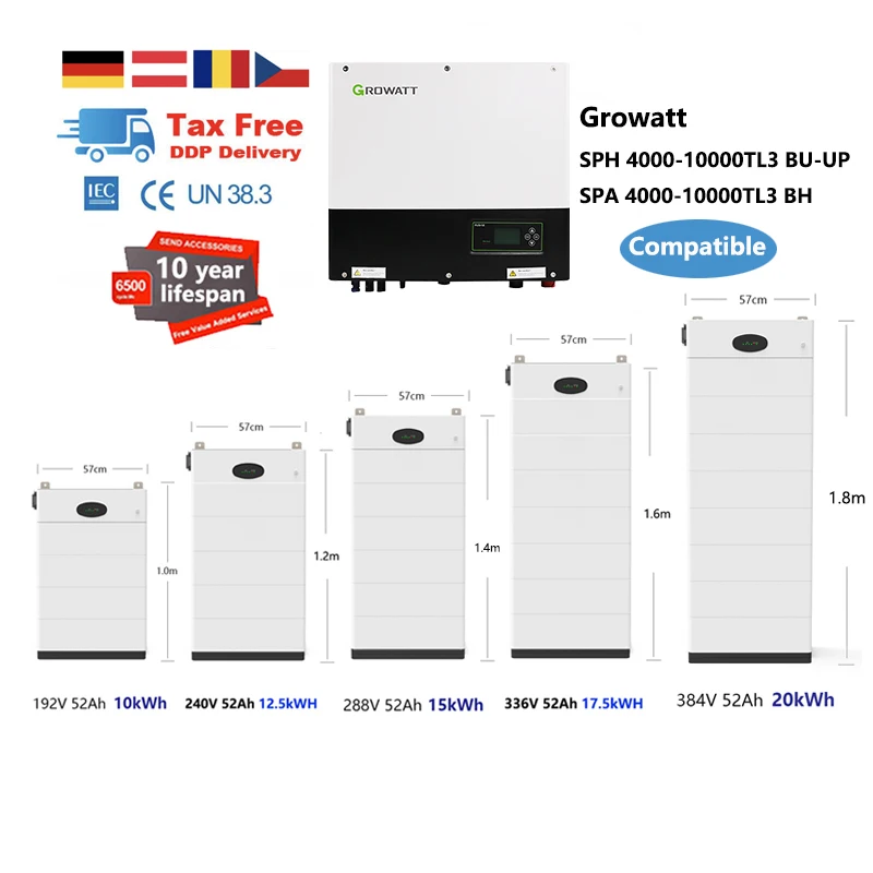 

Free DDP Ground HV 2500H Stacked Battery 200V 300V 400V 10kWh 15kWh 20kWh Home Solar System Growatt 3 phase High voltage Battery