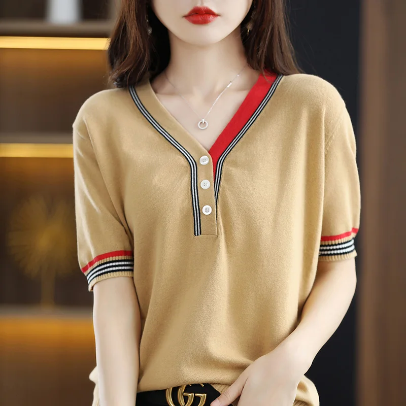 Cotton T-shirt summer new casual knitted sweater striped short-sleeve t-shirt women loose O-Neck cotton knitted top