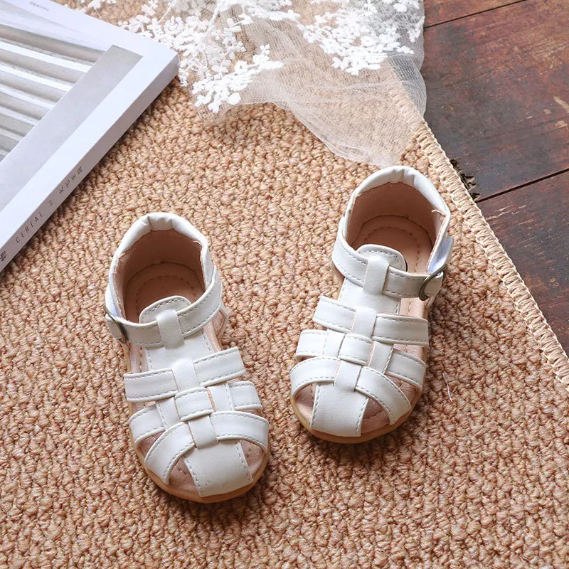 Unishuni Kids Summer Sandal for Baby Girls Vintage Knit Princess Soft Leather Sandal Children Closed Toe Beach Shoe Casual Flats