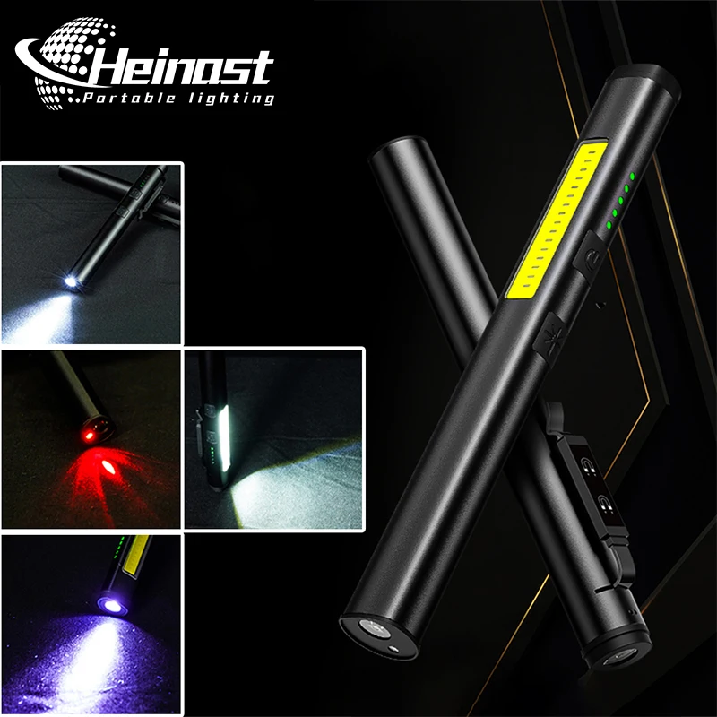 

Multifunctional Portable Flashlight 4 In 1(UV/LED/COB) Pen Light with Indicator Hand Held Work Light USB Rechargeable Waterproof