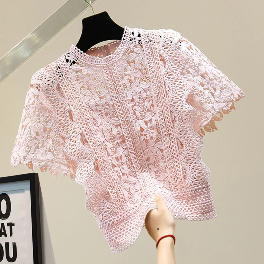 

Elegant Lace Hollow Out Design Slim Blouse Women O Neck Flying Short Sleeve Solid Blusas Summer 2022 New Shirt Feminino