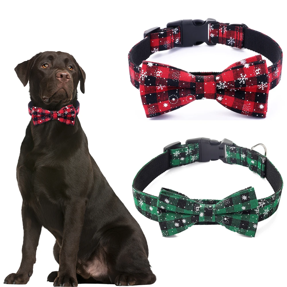 

Dog Collar Christmas Buffalo Plaid Imported Nylon Neck Detachable Bow Tie for Pet Dogs Adjustable Puppy Small Medium Large Dogs