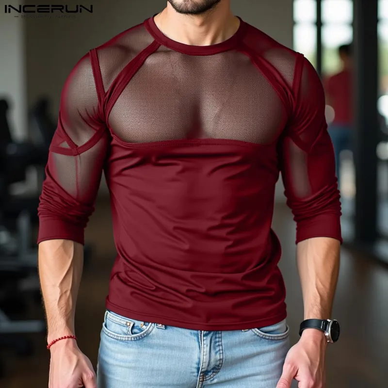 Топы в стиле вечеринки INCERUN 2024 мужская сексуальная сетчатая однотонная футболка