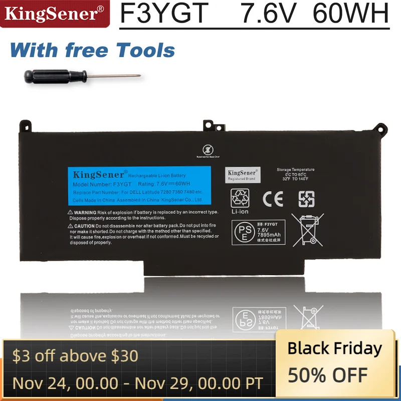 

KingSener F3YGT Laptop Battery for Dell Latitude 12 7000 E7280 E7290 E7380 E7390 E7480 E7490 F3YGT 2X39G DJ1J0 7.6V 60WH