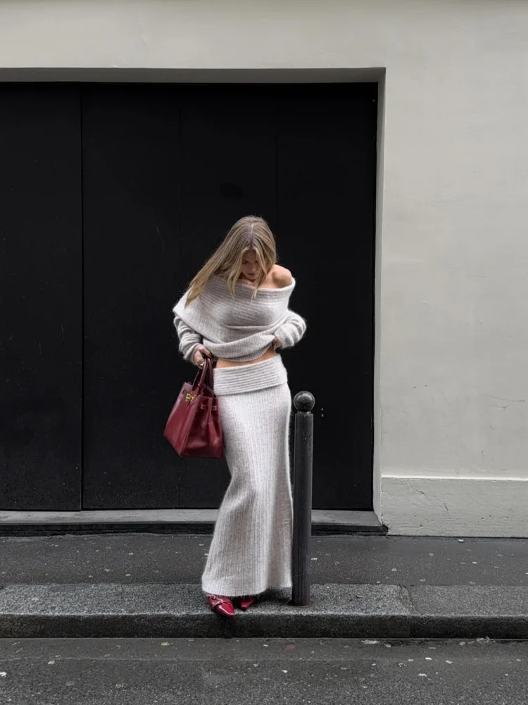 Элегантный однотонный костюм-свитер с длинными рукавами модная трикотажная юбка