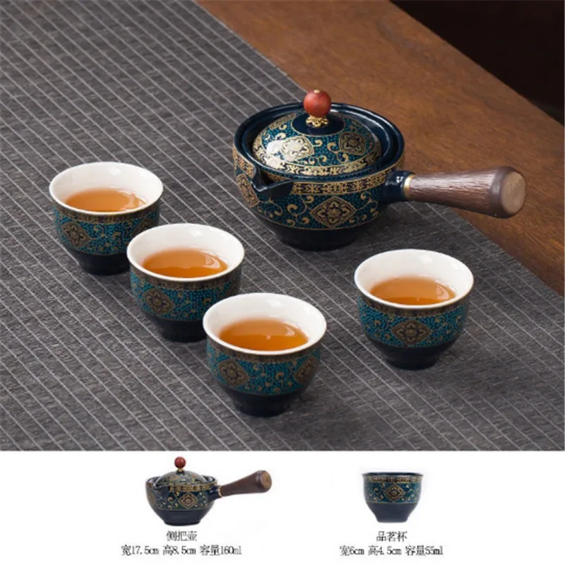 

Портативный цветочный Изысканный Китайский Gongfu Чайный набор кунг-фу керамический чайник с деревянной ручкой, боковая ручка, чашка для каст...