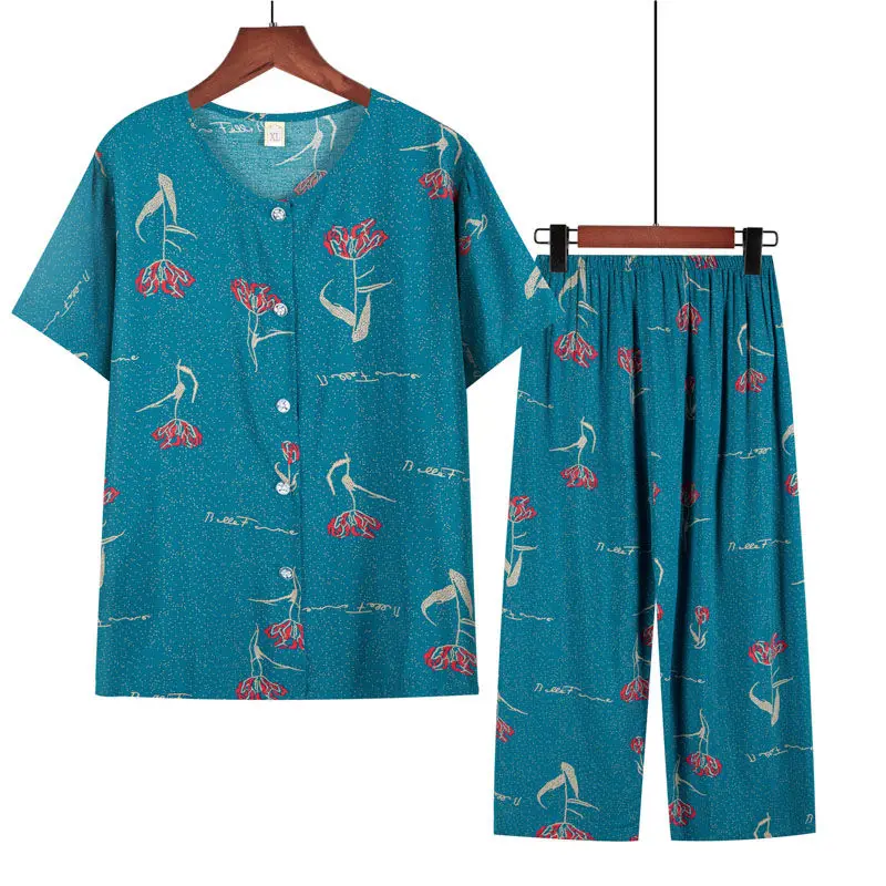 

Middle-aged elderly Women's 2-piece printed Suit Summer Loose Thin Short-sleeve Top+pants Grandma Plus size Casual Clothing Sets