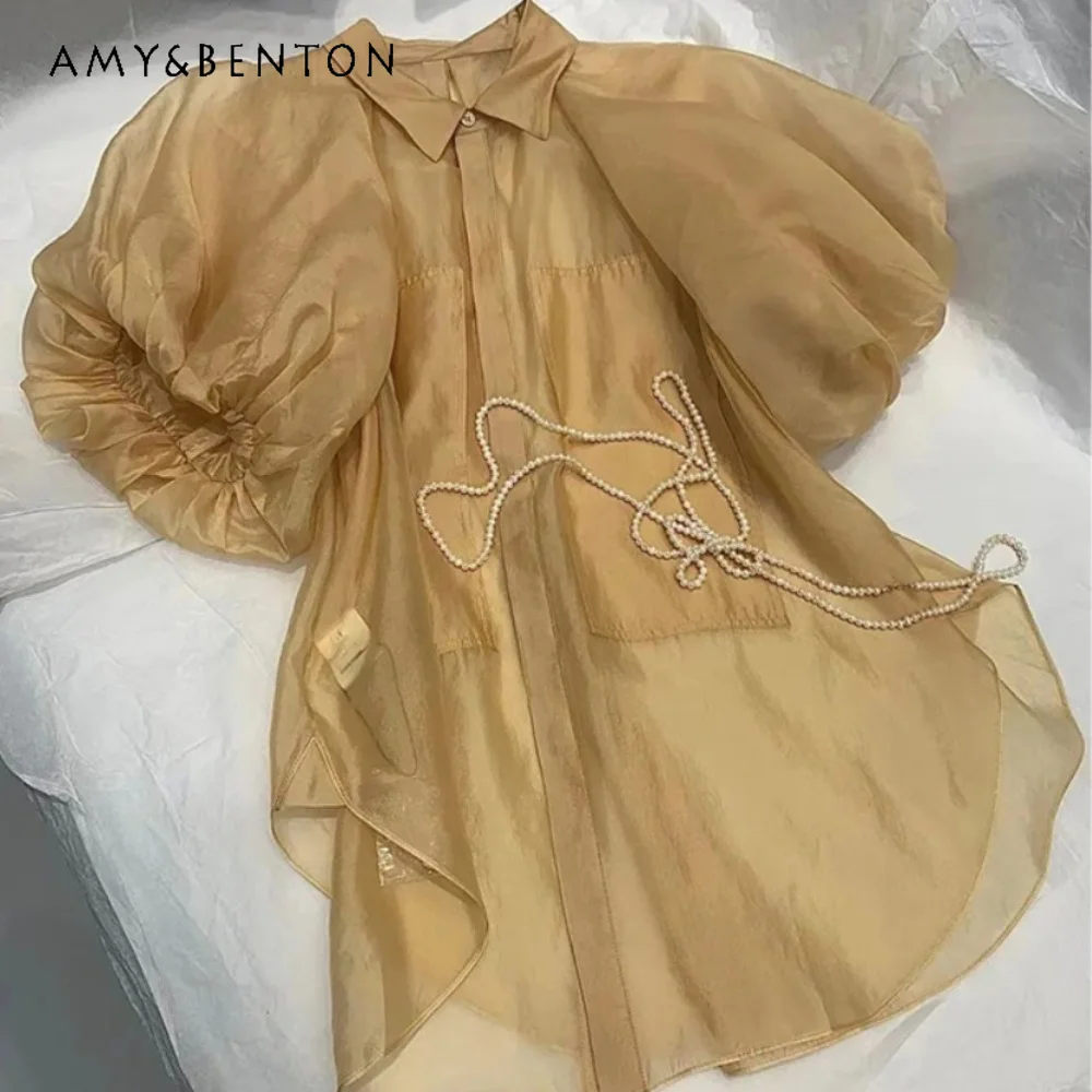 

Design Sense Niche Solid Color Silk Blended Puff Sleeve Shirt Women's 2023 Summer New Slimming Fairy Thin Top Blusas De Mujer