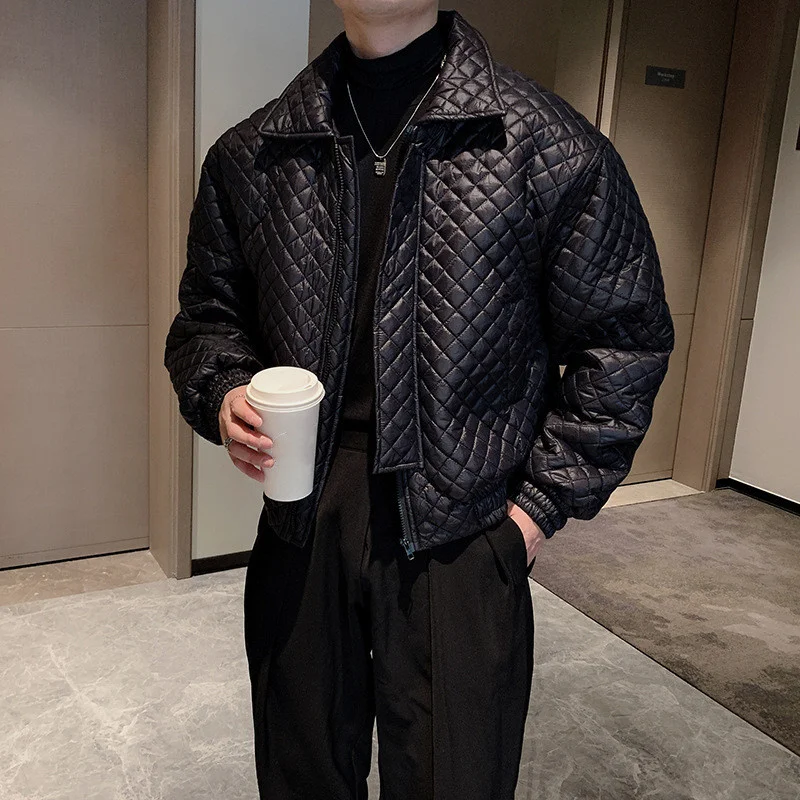 

Winter Jacket Men's Trend Thickened Padded Jackets Lapel Loose Short Argyle Coat Bomber Jacket Youth Streetwear Chaquetas Hombre