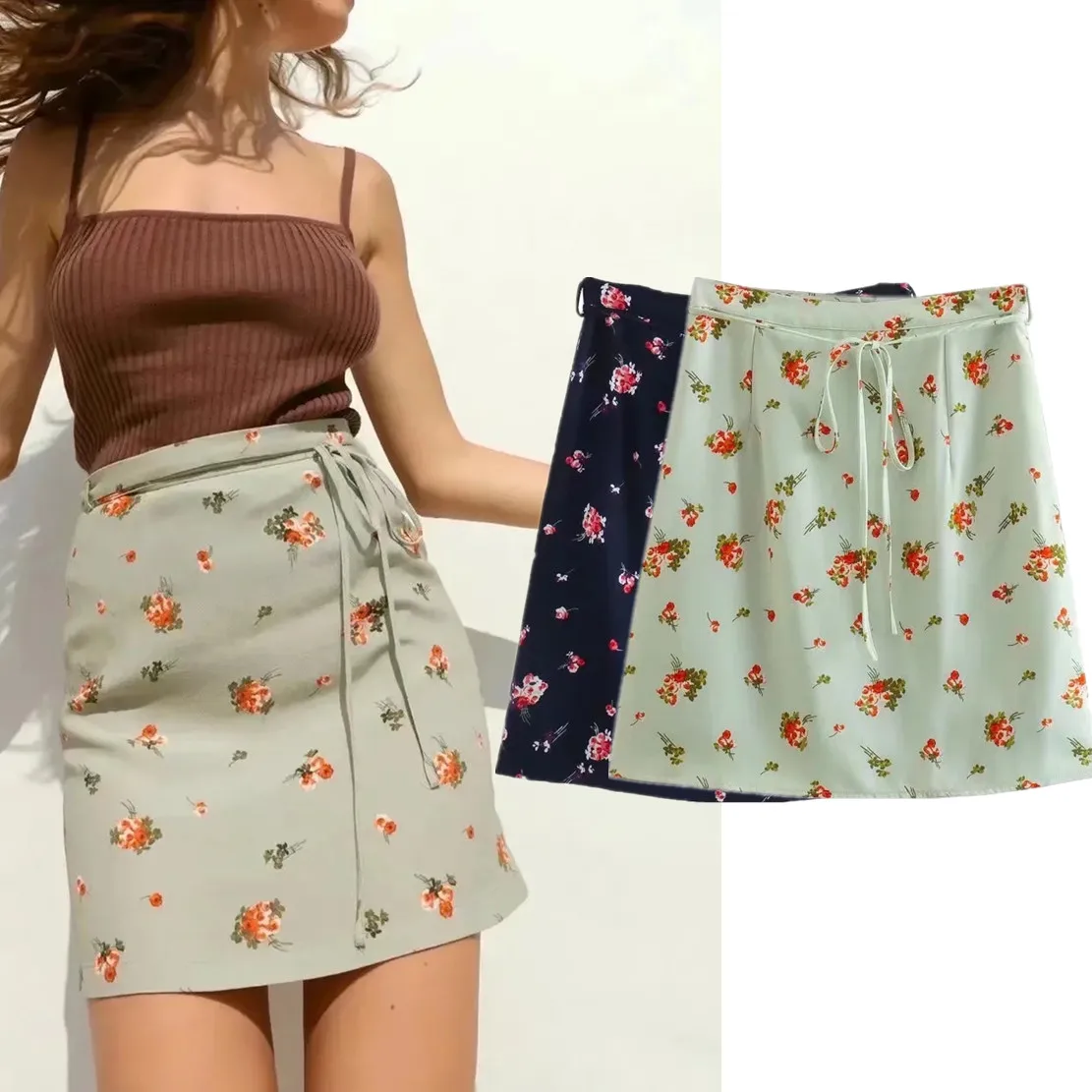 

Dave&Di Elegant Belt A-line Skirts Women French Style Fashion Indie Folk Floral Print Skirts