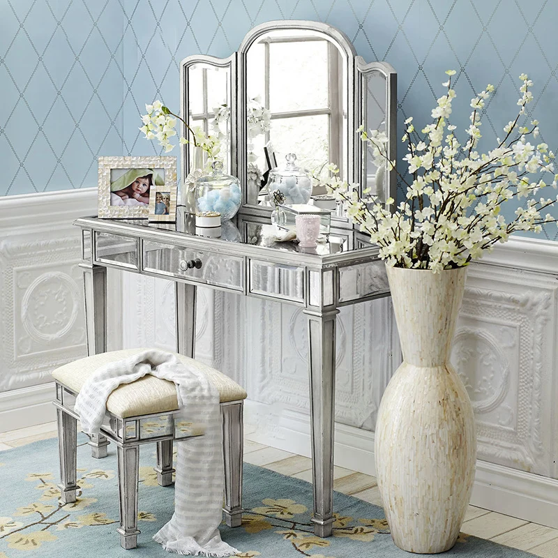 

1Dressing Table European-Style Solid Wood Legs Small Apartment Dressing Table Bedroom Modern Minimalist Dresser Makeup
