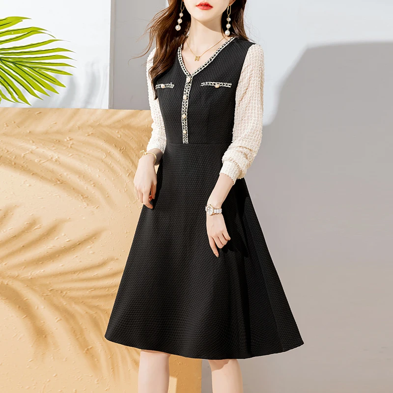 

Autumn New Design Korean Women Dress Long Sleeve A-line Dresses for Women Knee-Length Office Lady Black Dress Vestidos De Mujer