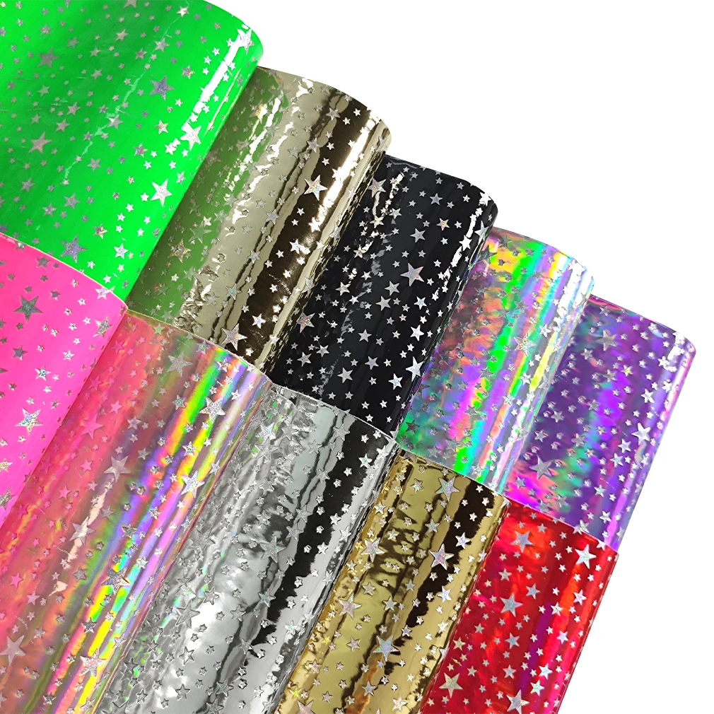

Laser Holographic Foiled Silver Stars Pattern Embossed Patent Faux Leather for Making Shoe Tote Stationery Bags 46*135cm