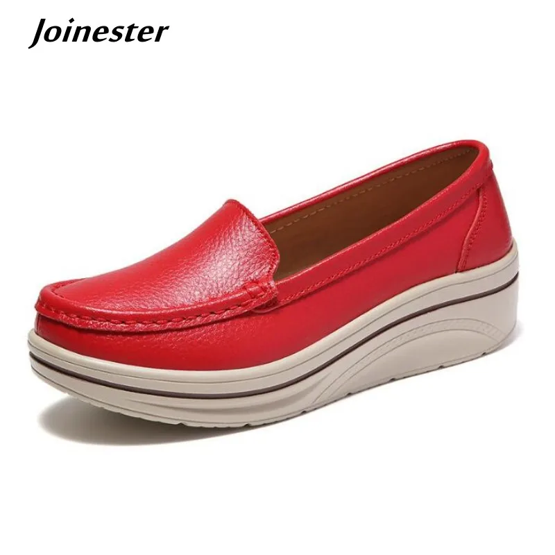 Classic Round Toe Women Slip on Leather Casual Loafers Pure Color Spring Autumn Platform Wedge Shoes Comfort Mom Moccasins