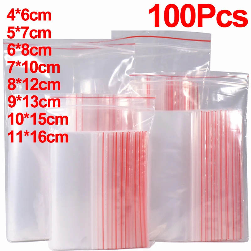 

100Pcs Plastic Sealing Bag Reusable PE Sealed Bag Transparent Small Storage Packing Pouch Food Jewelry Zip Bag Kitchen Organizer