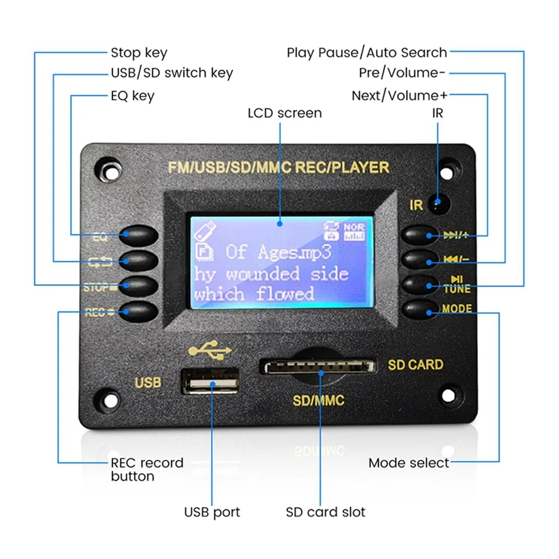 12 В MP3 декодер аудиоплата mp3-плеер Bluetooth 5 0 поддержка USB SD AUX FM EQ отображение текстов