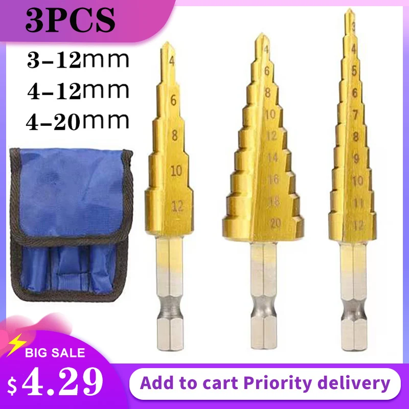 

3Pcs/set 3-12mm 4-12mm 4-20mm HSS Straight Groove Step Drill Bit Titanium Coated Wood Metal Hole Cutter Core Drilling Tools Set