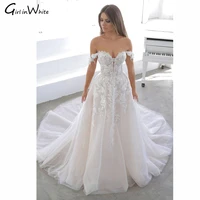 off shoulder a line wedding dress with lace appliques court train backless romantic white wedding gown bridal robes vestidos